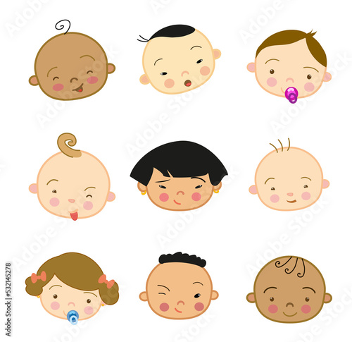 Illustration png cartoon of happy babies of different cultures smiling.