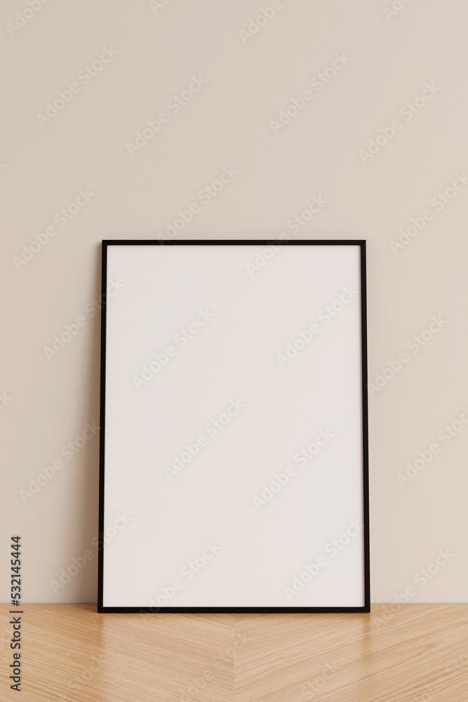 Clean and minimalist front view vertical black photo or poster frame mockup leaning against wall on wooden floor. 3d rendering. Clean and minimalist front view vertical black photo or poster frame mockup leaning against wall on wooden floor. 3d rendering.