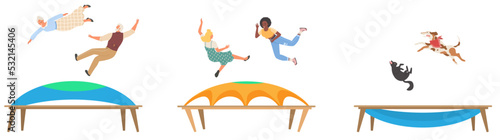 People and pet jumping trampoline vector scene