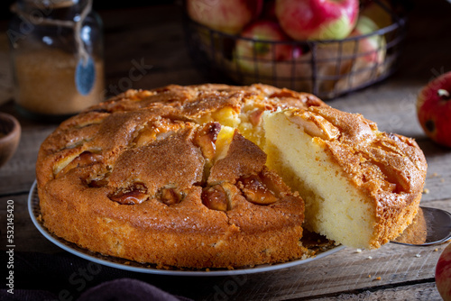 Cornish apple pie on a wooden table, horizontal, selective focus