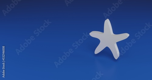 Isolated realistic white starfish symbol with shadow. Located on the right side of the scene. 3d illustration on blue background