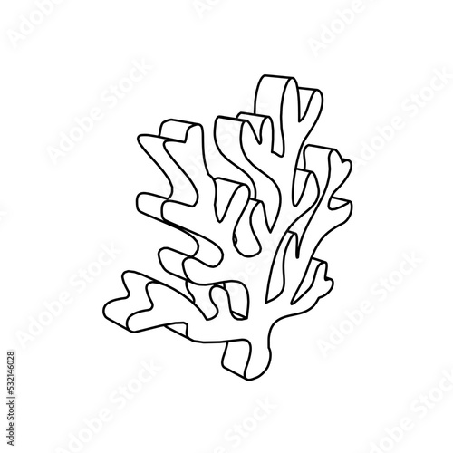 The outline of a large coral symbol is made with black lines. 3D view of the object in perspective. Vector illustration on white background