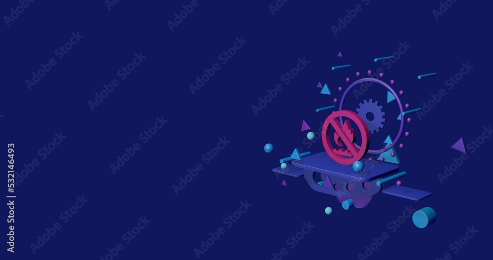Pink no gas symbol on a pedestal of abstract geometric shapes floating in the air. Abstract concept art with flying shapes on the right. 3d illustration on indigo background