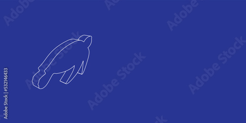 The outline of a large sea turtle symbol made of white lines on the left. 3D view of the object in perspective. Vector illustration on indigo background