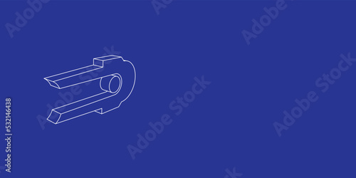 The outline of a large solo bobsleigh symbol made of white lines on the left. 3D view of the object in perspective. Vector illustration on indigo background
