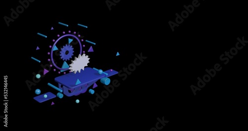 White explosion symbol on a pedestal of abstract geometric shapes floating in the air. Abstract concept art with flying shapes on the left. 3d illustration on black background