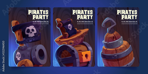 Pirate party posters, invitation flyers with old wooden treasure chest, black flag with skull, hook, barrel, ship and cannon, vector banners with cartoon illustration