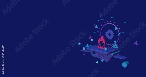 Pink gas symbol on a pedestal of abstract geometric shapes floating in the air. Abstract concept art with flying shapes on the right. 3d illustration on indigo background © Alexey