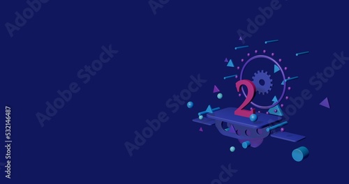Pink number two symbol on a pedestal of abstract geometric shapes floating in the air. Abstract concept art with flying shapes on the right. 3d illustration on indigo background © Alexey
