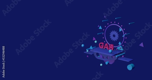 Pink gas text symbol on a pedestal of abstract geometric shapes floating in the air. Abstract concept art with flying shapes on the right. 3d illustration on indigo background