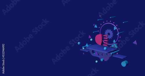 Pink headlight symbol on a pedestal of abstract geometric shapes floating in the air. Abstract concept art with flying shapes on the right. 3d illustration on indigo background © Alexey
