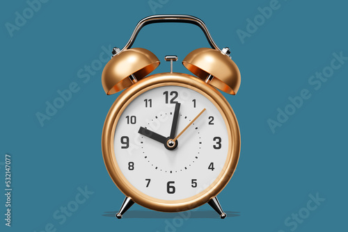 3d illustration of golden retro alarm clock with arrow