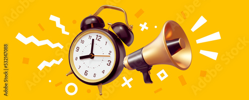 3d illustration of black retro alarm clock with arrow and golden megaphone on yellow color background photo