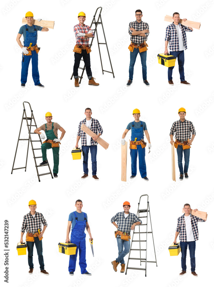 Collage with photos of carpenters on white background Collage with photos of carpenters on white background