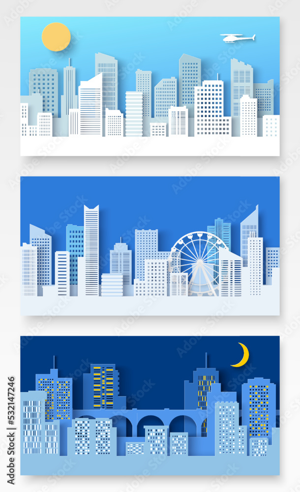 Banner city landscape paper cut illustration set