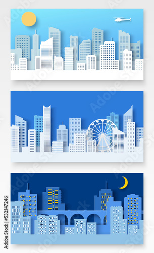 Banner city landscape paper cut illustration set