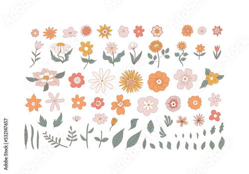 Flower collection with leaves, floral cartoon icons. Retro clip art print with botanical elements. Vintage 70s stickers in hand drawn style. Isolated on white background. Vector illustration.