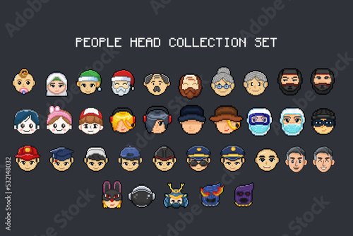 People head collection set in pixel art style