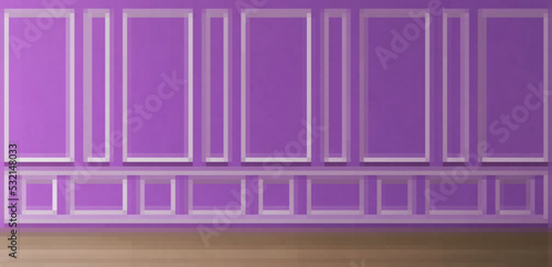 Empty room with purple panels on wall and wooden floor. Vector realistic 3d illustration of house interior in vintage victorian style with white molding frames on wall