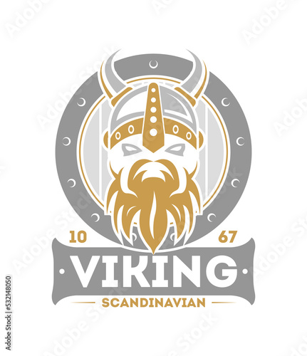 Viking warrior isolated label with horned helmet. Scandinavian viking badge, medieval barbarian emblem, nordic culture vector illustration.