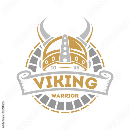 Viking isolated label with horned helmet. Scandinavian viking warrior badge, medieval barbarian emblem, nordic culture vector illustration.