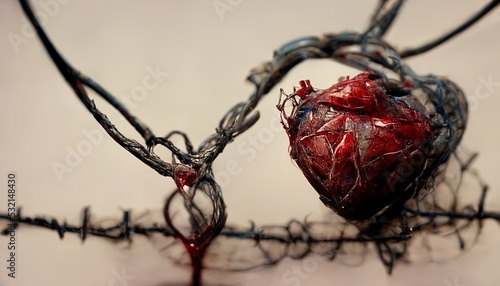 Fotografie, Obraz illustration of a wounded heart with barbed wire
