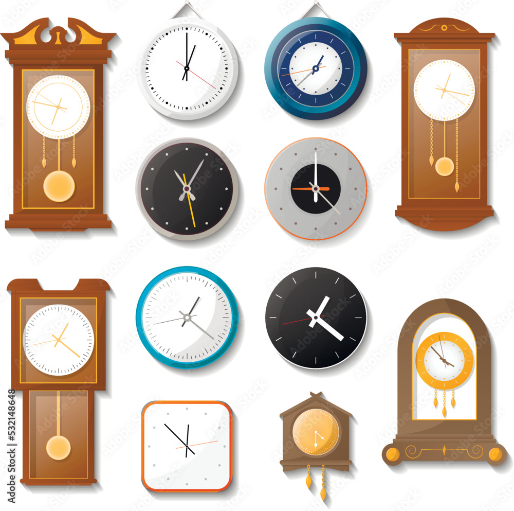 Classic mechanical wall clock set. Modern analog chronometer, antique