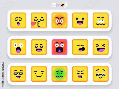 Square Emoticons set. Yellow Emoji faces emoticon smile, digital smiley expression emotion feelings, chat cartoon emotes. Vector illustration icons