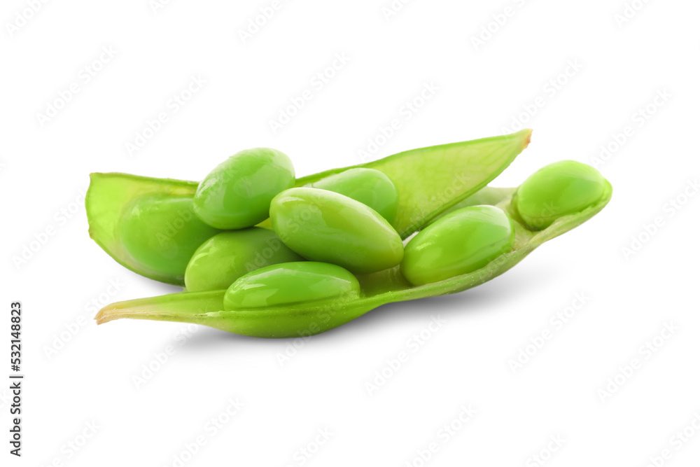 Fresh green edamame pod with beans on white background Fresh green edamame pod with beans on white background