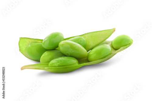 Fresh green edamame pod with beans on white background