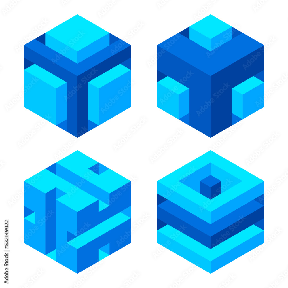 Set of illusory cubes made of blocks. The isometric cube turns in different angles. Set of illusory cubes made of blocks. The isometric cube turns in different angles.