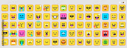 Square Emoticons set. Yellow Emoji faces emoticon smile, digital smiley expression emotion feelings, chat cartoon emotes. Vector illustration icons