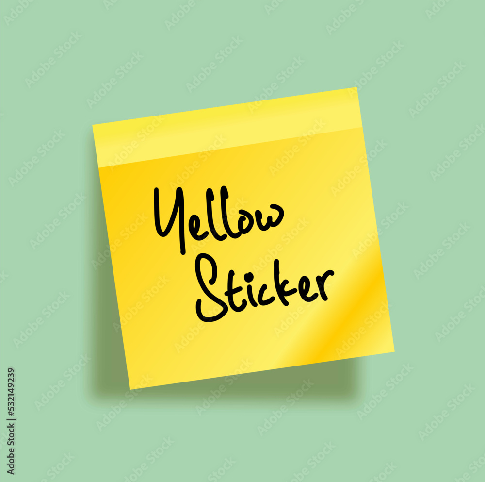 Yellow realistic 3d sticker. Sticker on a soft green wall. Yellow realistic 3d sticker. Sticker on a soft green wall.