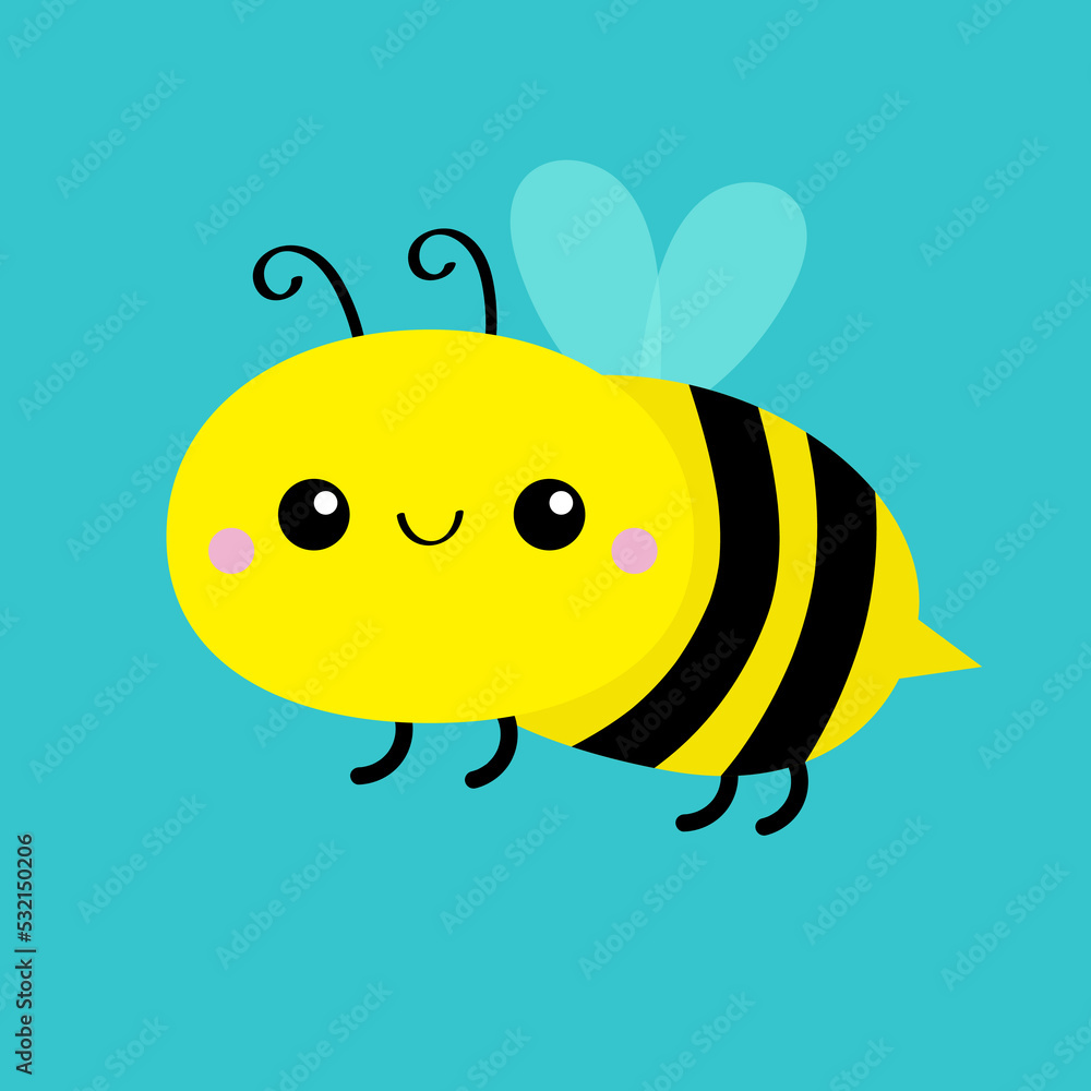 Obraz premium Bee icon. Cute flying honeybee. Bumblebee bug. Honey bee. Cartoon kawaii baby character. Insect collection. Greeting card. Flat design. Blue sky background. Isolated.