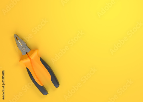 Pliers on a yellow background with copy space. Top view. Minimal creative concept. 3d render illustration