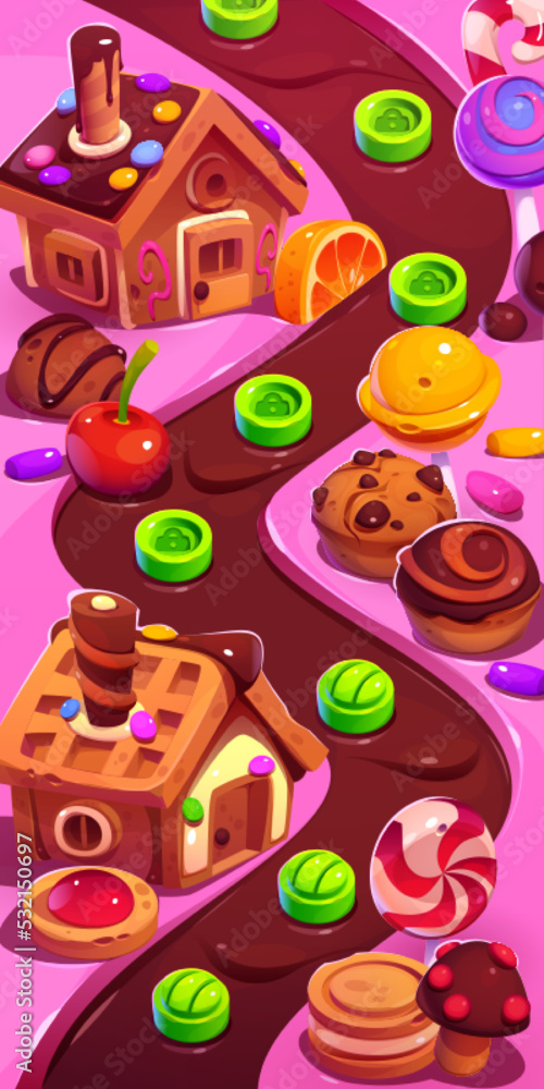 Candy planet game ui level map. Cartoon 2d fantasy landscape with sweets, desserts, and lollipops at chocolate river, graphics for pc or mobile arcade, menu interface design, Vector illustration Candy planet game ui level map. Cartoon 2d fantasy landscape with sweets, desserts, and lollipops at chocolate river, graphics for pc or mobile arcade, menu interface design, Vector illustration