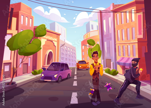 Street robbery cartoon vector illustration. Gangster in black outfit and face mask stealing golden ring from tied up confused man. Urban background with museum building, skyscrapers, cars. City crime