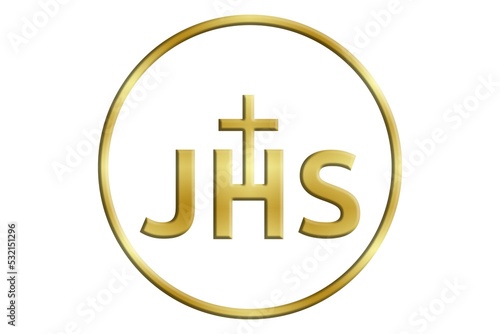 JHS con cruz dorado en círculo