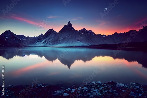 beautiful landscape of glacial mountains lakes, forests and flowers with rocks