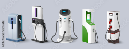 Electric car charging station realistic icon set