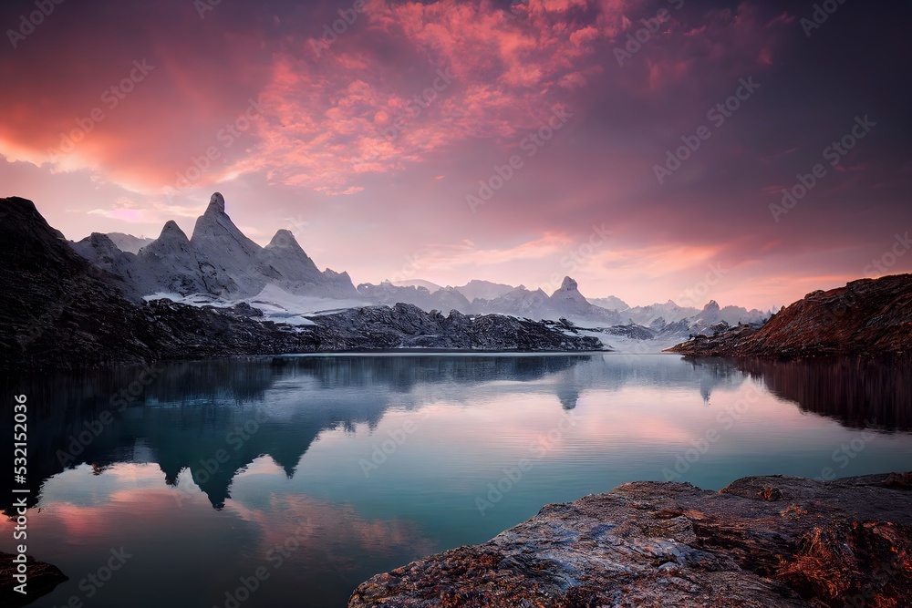 beautiful landscape of glacial mountains lakes, forests and flowers with rocks