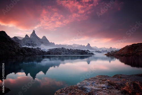 beautiful landscape of glacial mountains lakes  forests and flowers with rocks