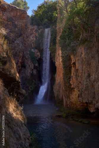 Zaragoza (Spain, September 11, 2022). Waterfall in the Parque del Monasterio de Piedra. It is a place of great scenic beauty, with many waterfalls