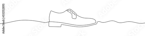 Continuous one line drawing silhouette of men's shoes. The shoes linear icon. One line drawing background. Vector illustration. Linear men's shoes background