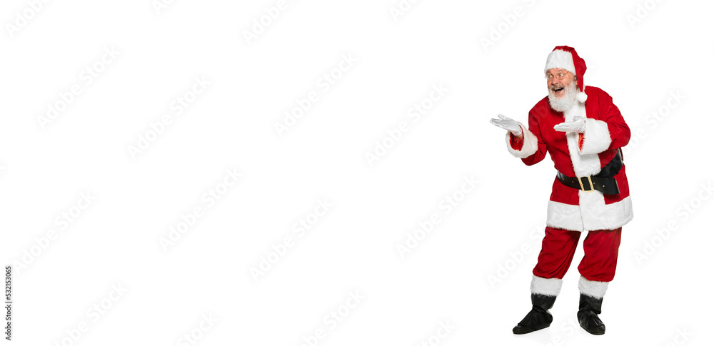 Portrait of cheerful senior man in image of Santa Claus posing with positive expression isolated over white background. Flyer Portrait of cheerful senior man in image of Santa Claus posing with positive expression isolated over white background. Flyer