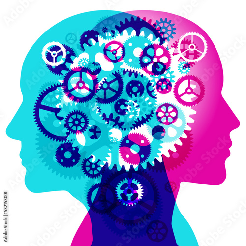 2 people’s side silhouettes overlaid with various semi-transparent machine gear and cog shapes. Centre vertically placed is a large translucent white gear icon.