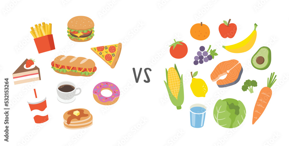 Healthy vs unhealthy food. Concept of choice between  fast food vs balanced menu comparison. Healthy vs unhealthy food concept.