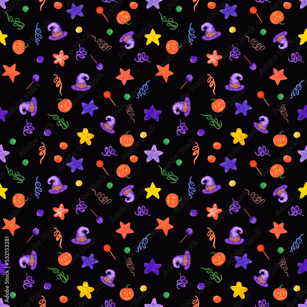 Hand drawn watercolor leaves and pumpkin seamless pattern on black background. Can be used for textile, Halloween Scrapbook design, banner. Hand drawn watercolor leaves and pumpkin seamless pattern on black background. Can be used for textile, Halloween Scrapbook design, banner.