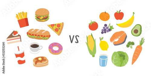 Healthy vs unhealthy food. Concept of choice between fast food vs balanced menu comparison. Healthy vs unhealthy food concept.