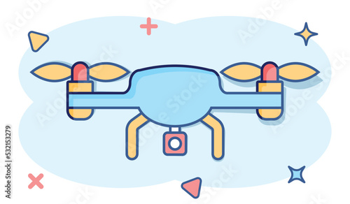 Drone quadrocopter icon in comic style. Quadcopter camera vector cartoon illustration on white isolated background. Helicopter flight business concept splash effect.